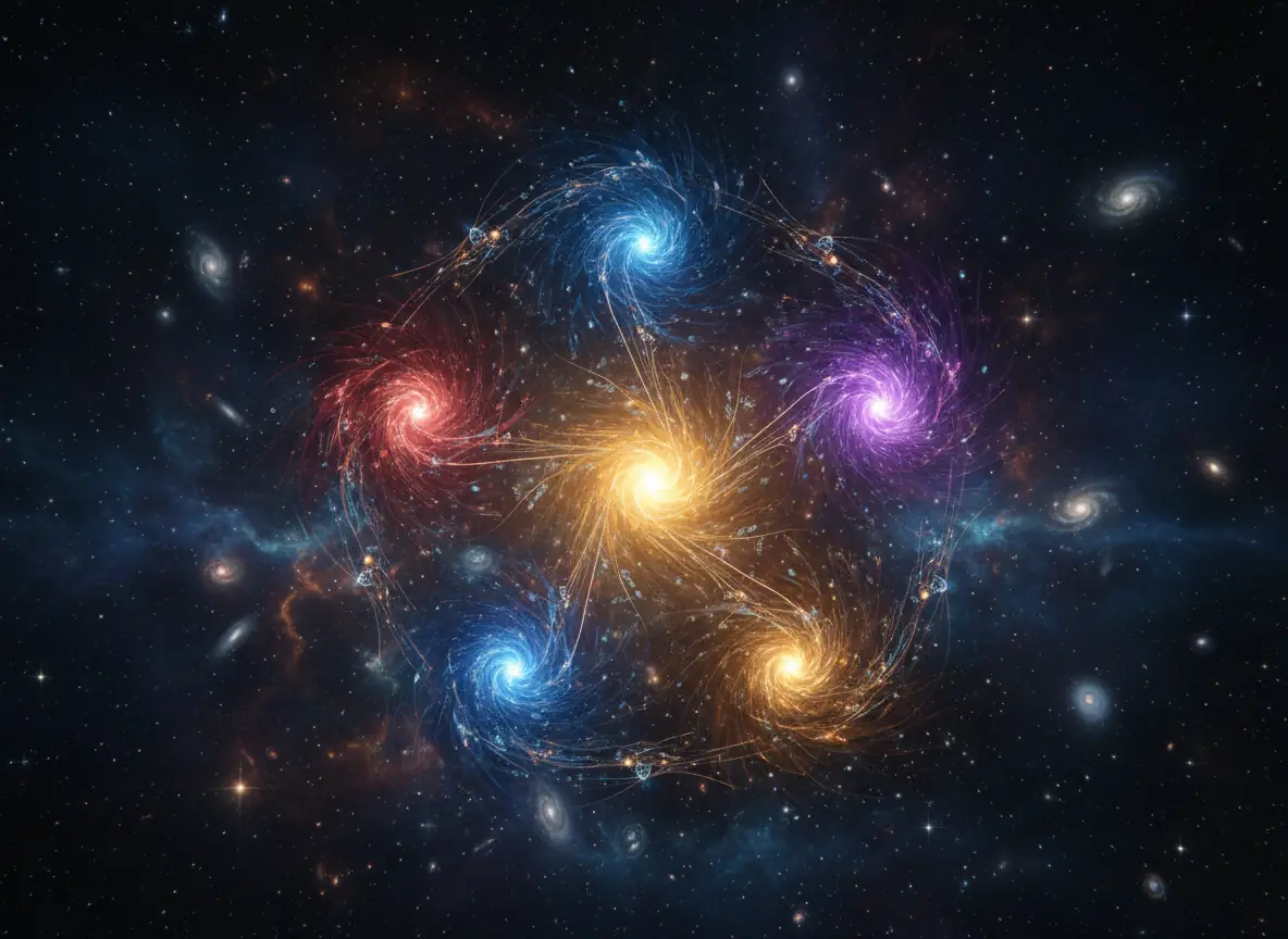 Sete vórtices de luz num campo de estrelas