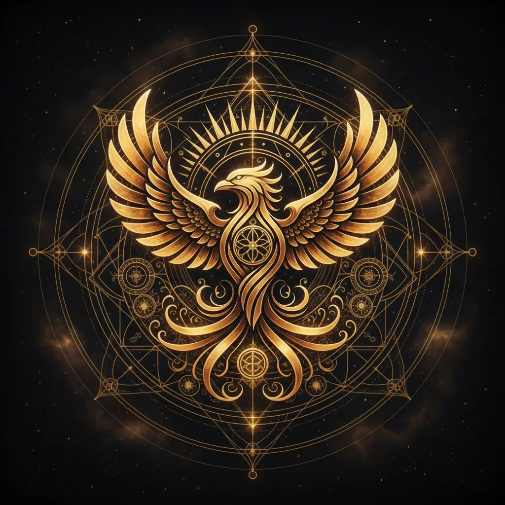 Símbolo do ENUMA SOLARIS: fénix dourada sobre geometria sagrada